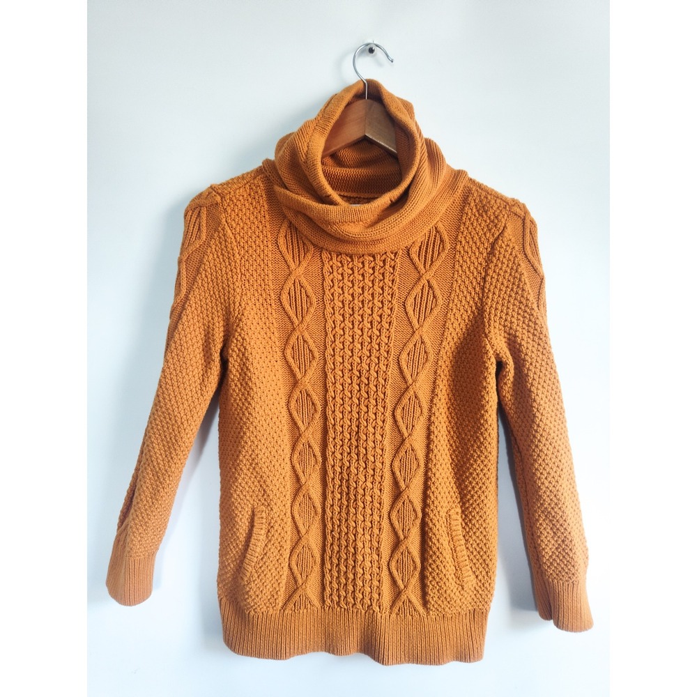 LL Bean Signature Sweater Medium Fisherman Cable Knit Cowl Funnel Neck Pocket